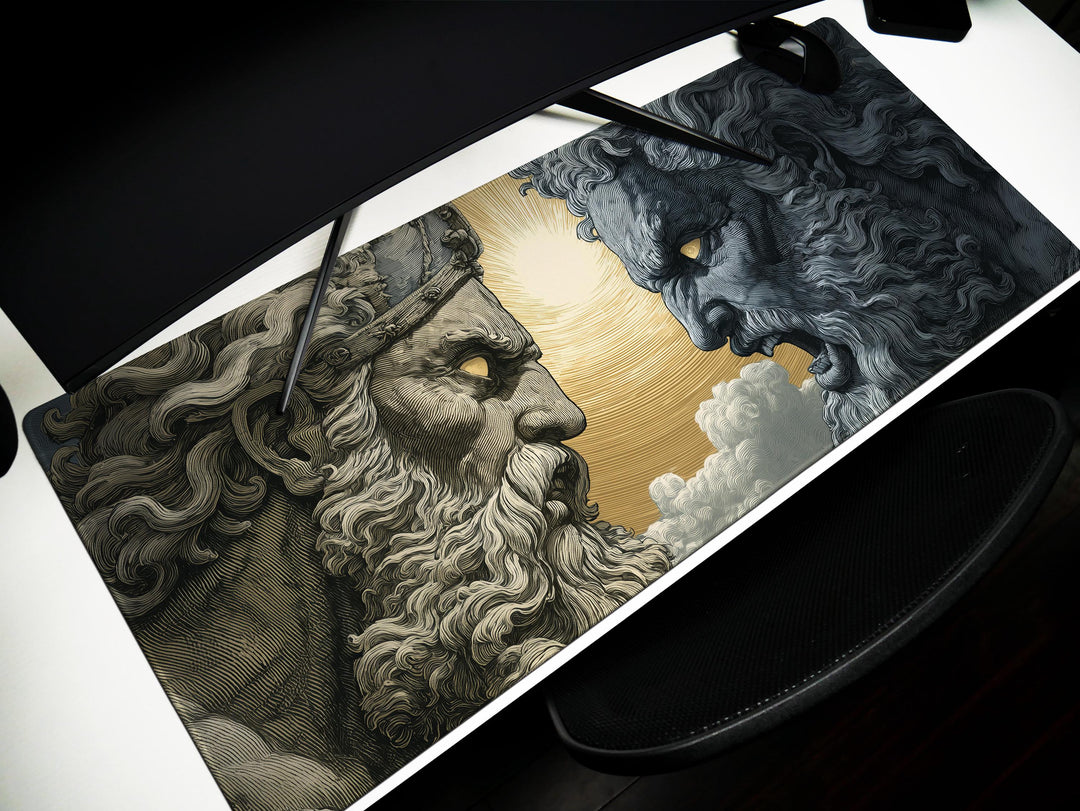 Titan Clash, Desk Pad, Mouse Pad, Desk Mat, Mythic Battle of Greek Gods, Zeus vs Titan, Sunburst Showdown, Epic Face-Off Art